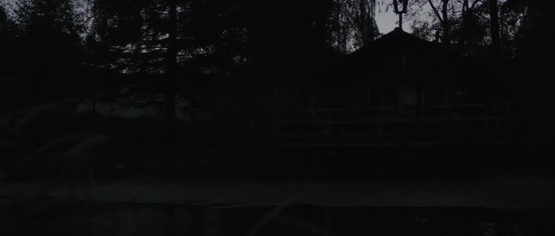 Silhouette of a person with a flashlight on a dark morning walking in a natural environment by a lake