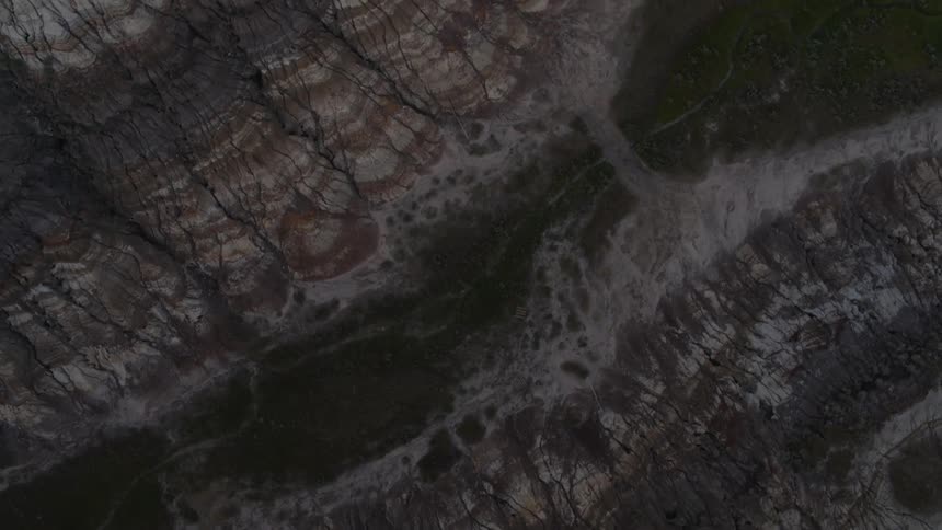 Top-down view of sedimentary rocks in the badlands