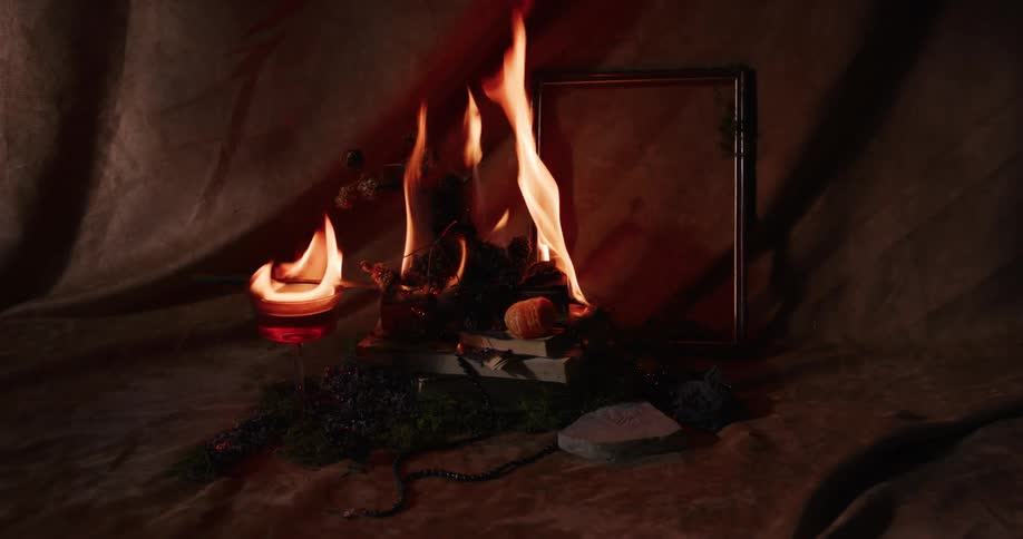 Time lapse of an decorative arrangement consumed by fire