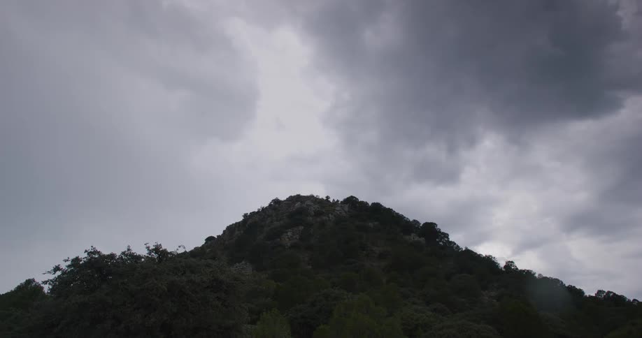 Trees cover a mountain under a stormy sky