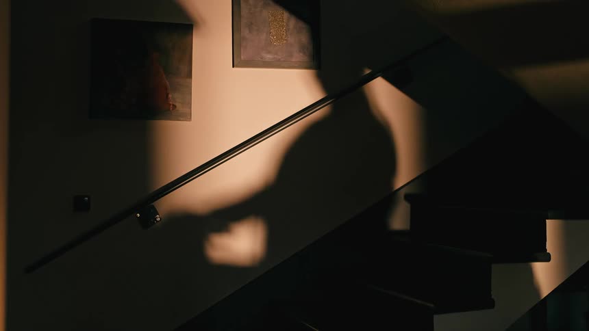 Shadow of a person reflected on the wall of a house staircase