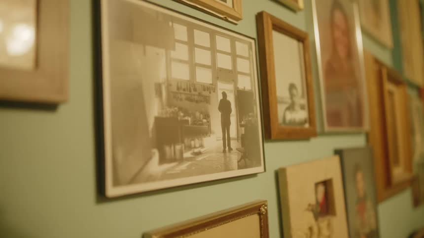Many framed pictures hang on green interior wall