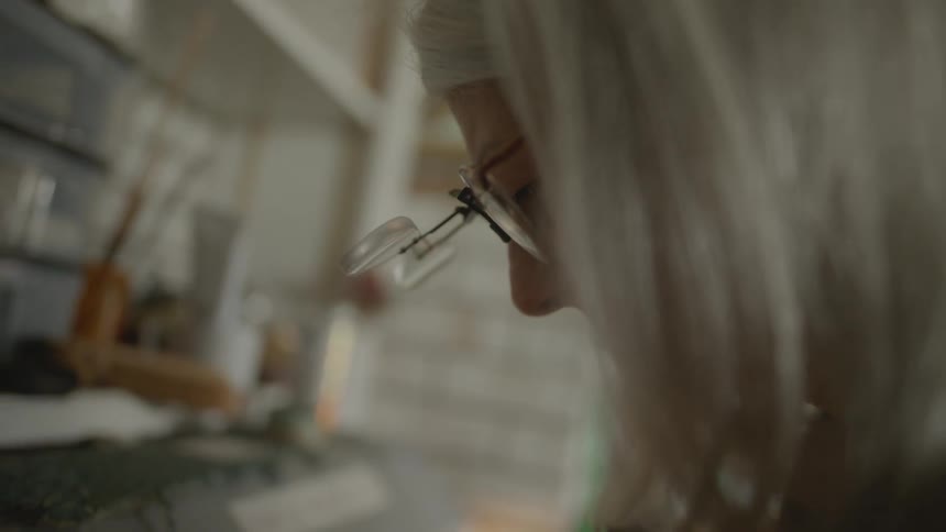 A woman wearing glasses sits in a room concentrating