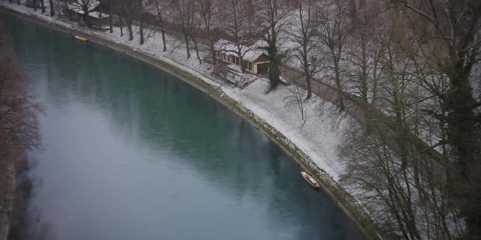 Aerial view of a gentle bend in the River Aare in Bern, Switzerland.
