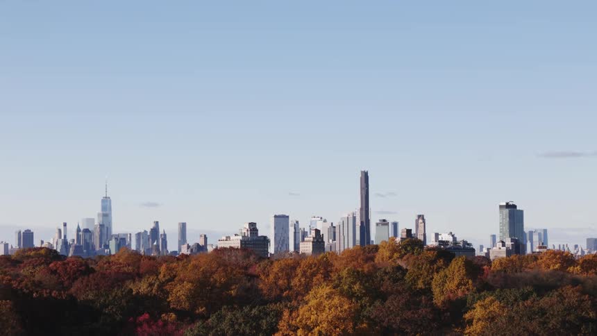 Aerial panorama of a metropolis with a skyscraper and a park with trees in spring
