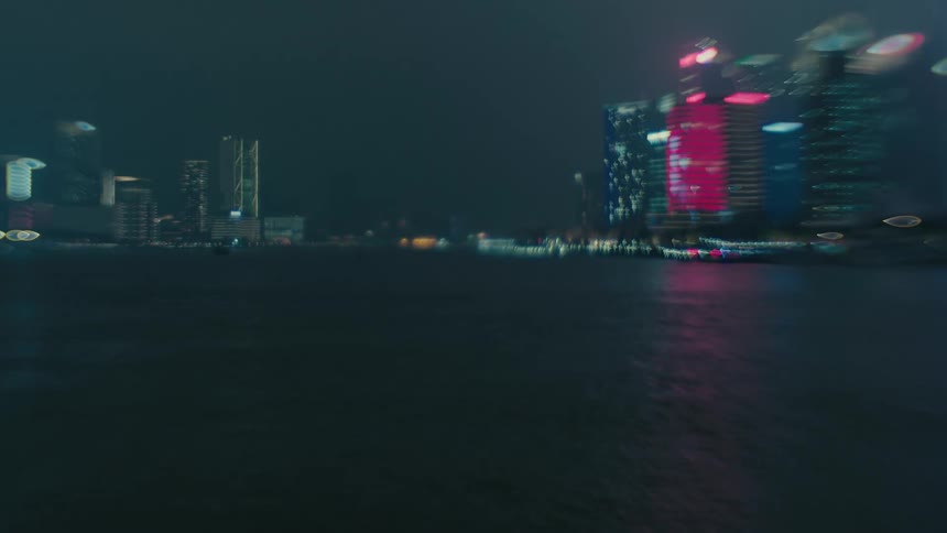 Panorama of a metropolis illuminated at night with large buildings and skyscrapers by the sea