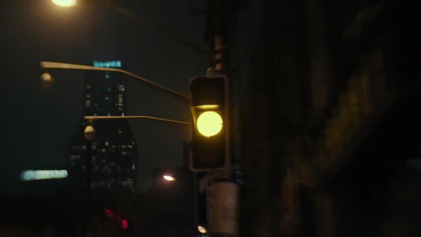 Traffic light in a metropolis at night turning red