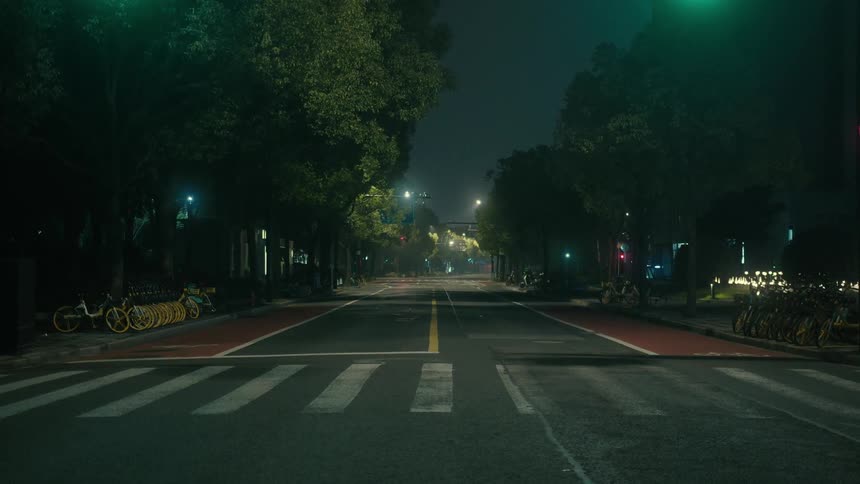 Asphalt street with traffic lights in an empty city at night