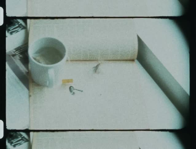A butterfly flies off a book next to a cup of tea caught on vintage film