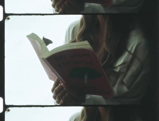 Hand of a woman in pajamas reading a book next to the window
