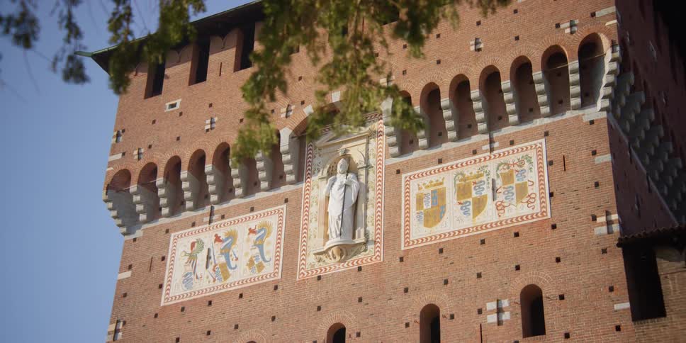 A close up shot of the Torre del Filarete of Sforza Castle in Milan, Italy