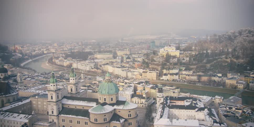 Aerial panorama of Salzburg, Austria in winter