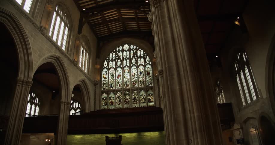 Interior design of a rustic church with artistic columns and windows