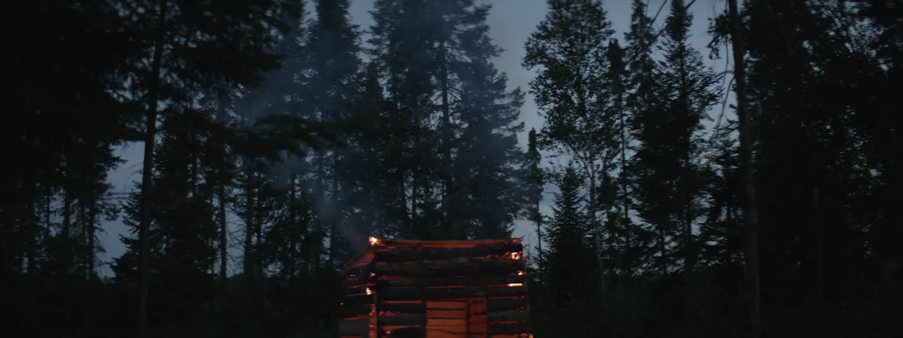 A small cabin is burning in the forest at night