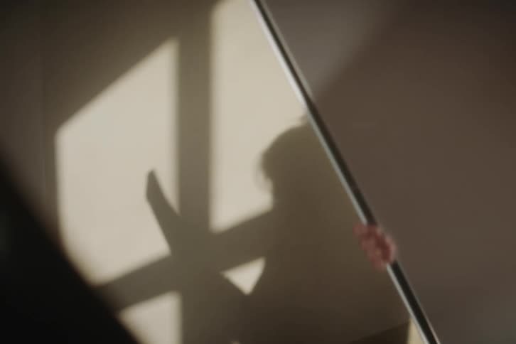 A woman carries something downstairs