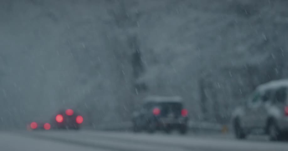 Vehicle traffic moving in the same direction down a treelined lane on a snowy day