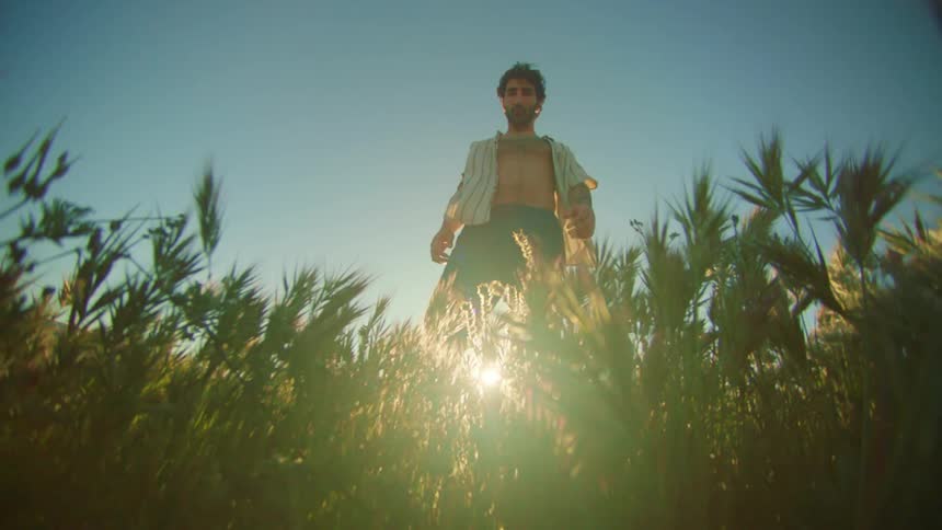 Man with a shortsleeved shirt open at the chest and standing on a hill with tall grass and a reflection of sunlight in the background