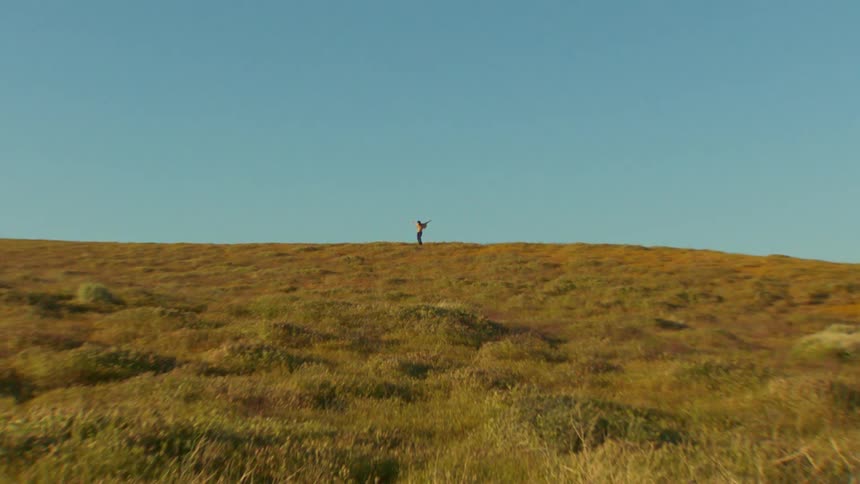 A man dances on a grassy field