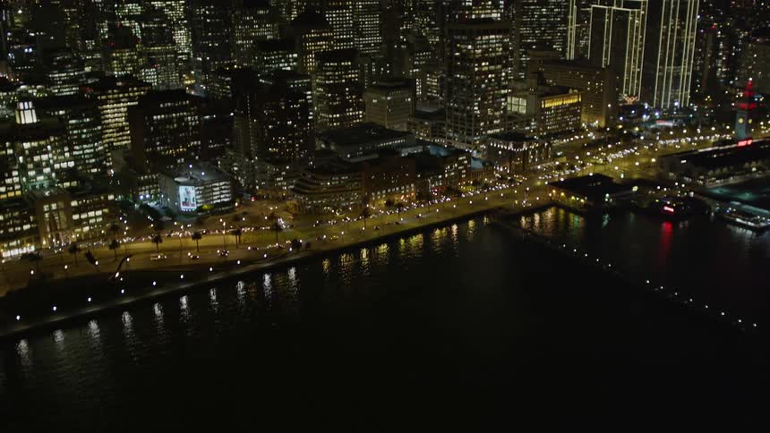Panorama of a metropolis illuminated at night with large buildings and skyscrapers by the sea
