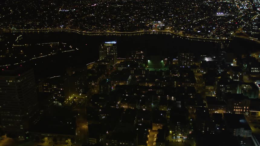 Aerial scenery of a metropolis with residential and urban buildings illuminated at night on the edge of a sea canal