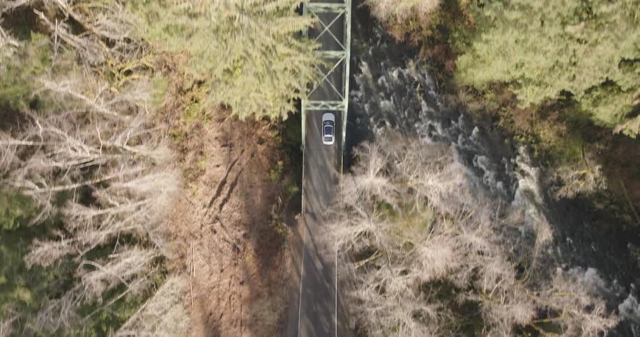An aerial clip of a car driving through the woods