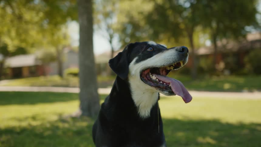 Dog with its tongue out and wagging its tail in a grassy park outdoors