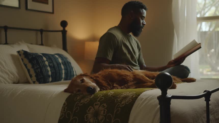 A man sits on the bed with his dog while reading a book