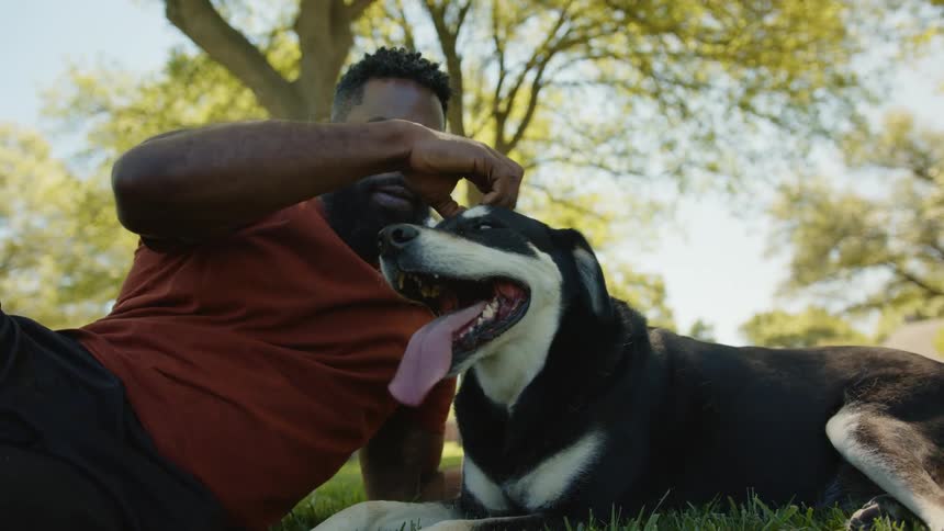A man is petting his dog