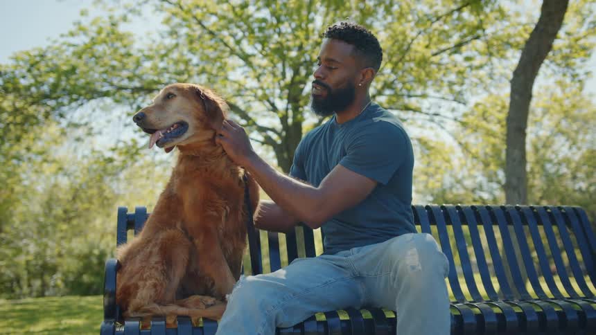 A man pets his dog while sitting on a park bench