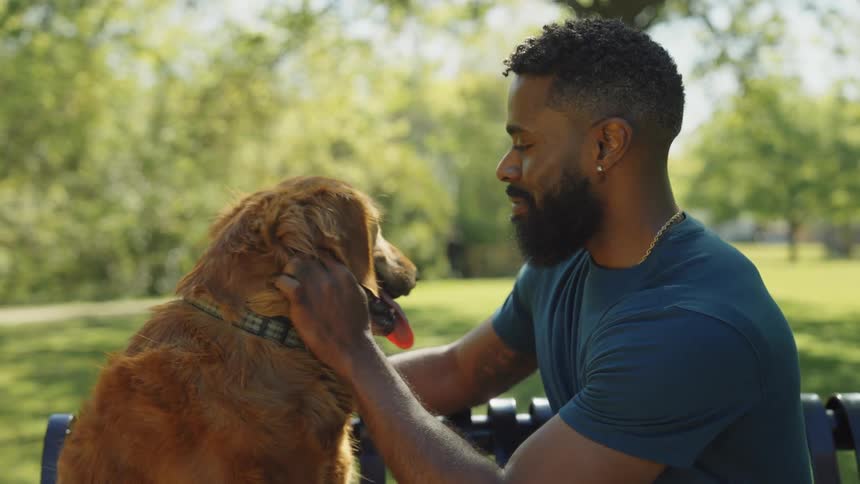 Man sitting on a bench with his golden retriever and stroking its neck while they are in an outdoor park