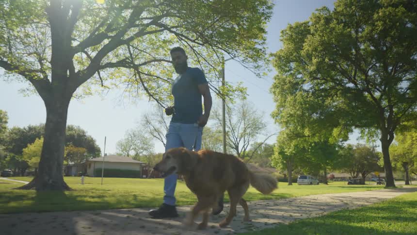 A man walking with his Golden Retriever on a leash on a sidewalk in a park
