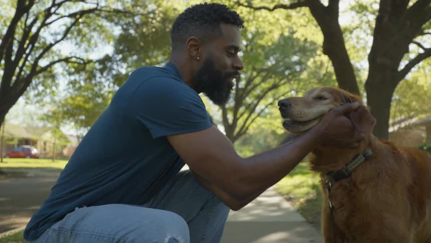 A man talks to his dog while petting it on the sidewalk on a sunny summer day