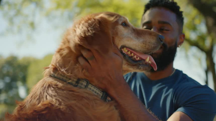 A man is petting his dog