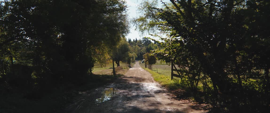 Panorama of a wet clay street in a rural natural field during the day