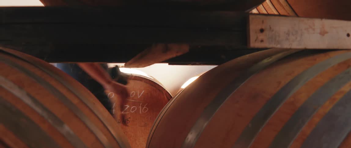A row of wooden barrels in a dimly lit storage area