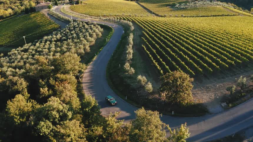 Blue vintage car traveling along a winding road in Tuscany vineyard