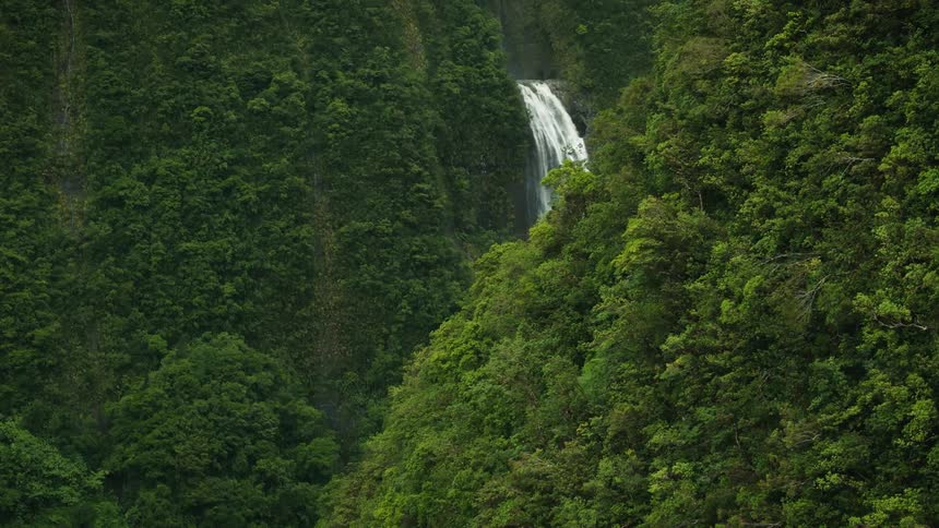 Aerial scenery of forested mountain ranges and a waterfall