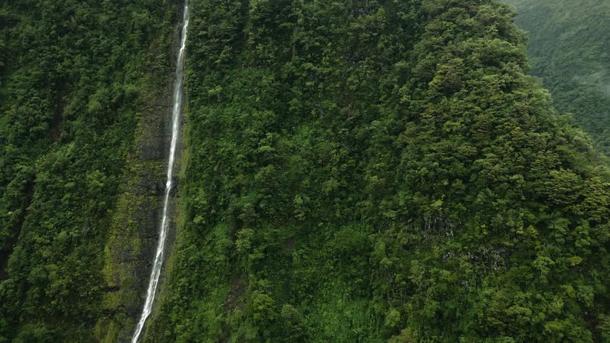 Wooded mountains with an extensive waterfall of freefalling waters