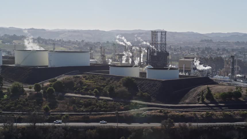 An aerial clip of a power plant in a rural aerial