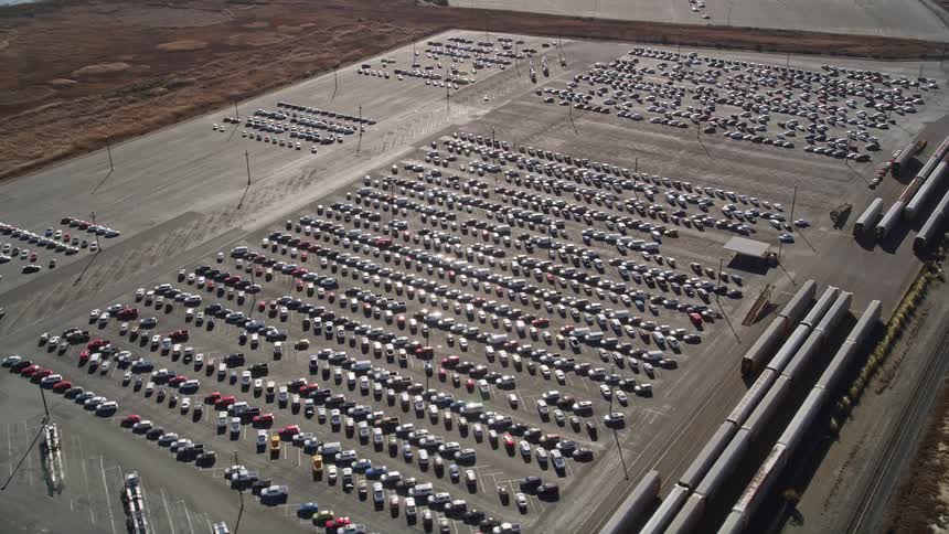 An aerial clip of a parking space at the sea port