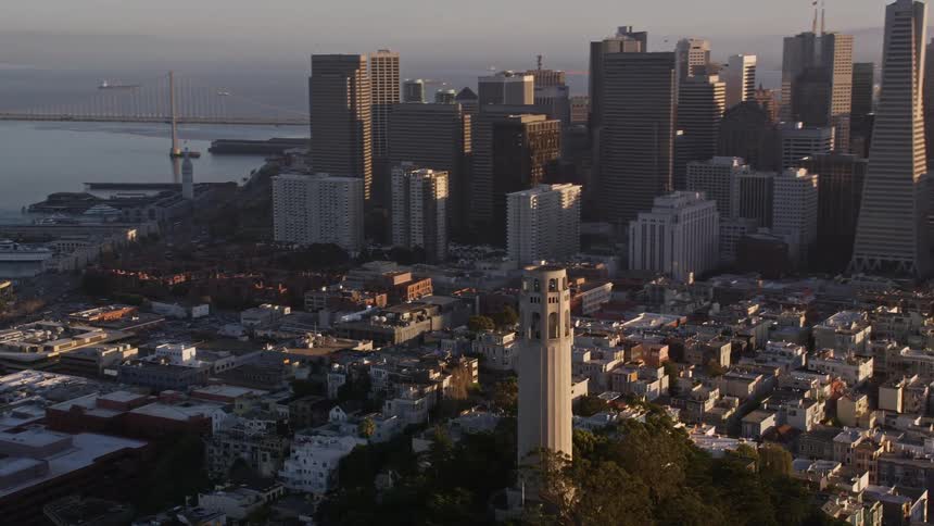 Aerial panorama of a metropolis with skyscrapers urban areas and the seaside in one morning
