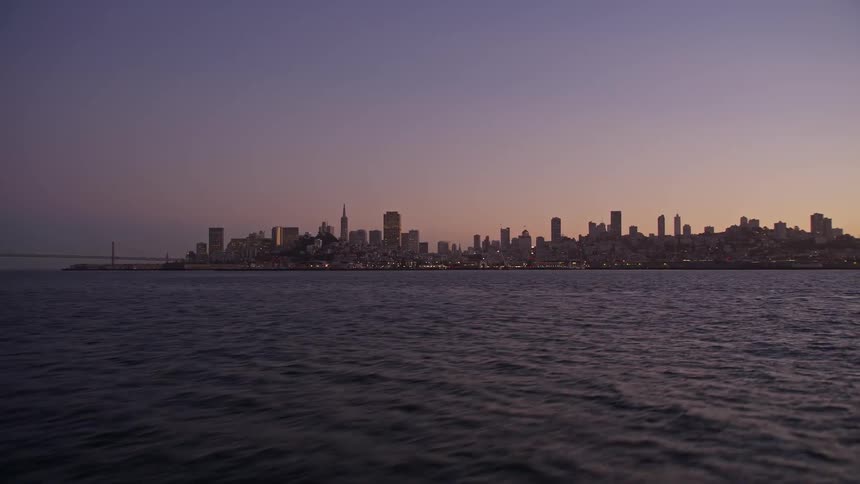 Aerial panorama of the sea with a metropolis on the horizon on a purple sky day