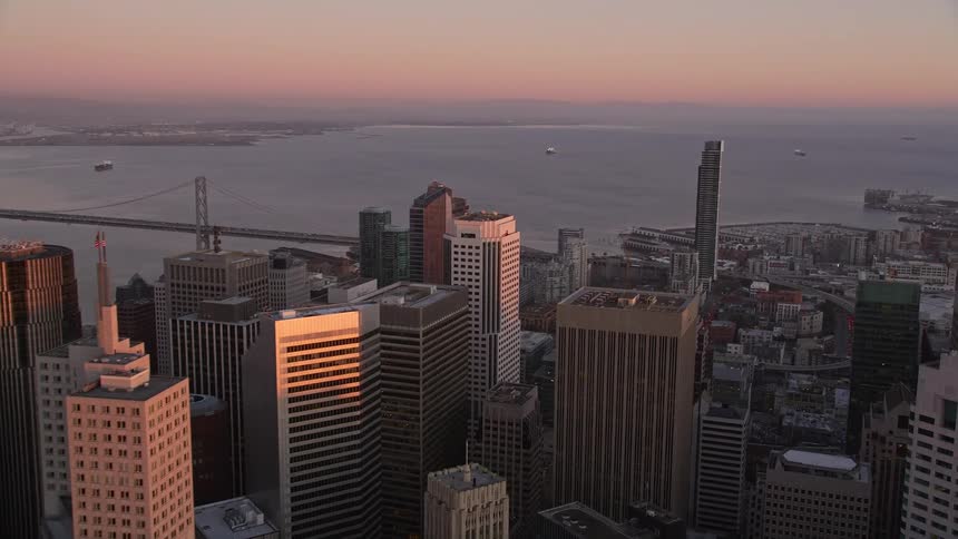 Aerial view over downtown san francisco at sunset