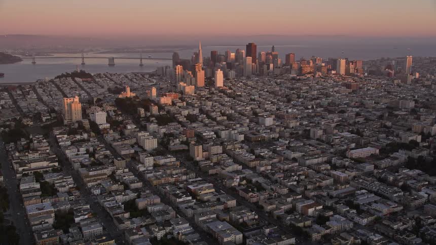 Aerial panorama in a morning of an urban city with skyscrapers and seaside