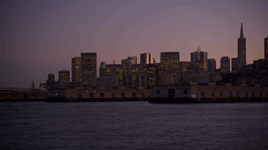 Docks and marina border city skyscrapers at night