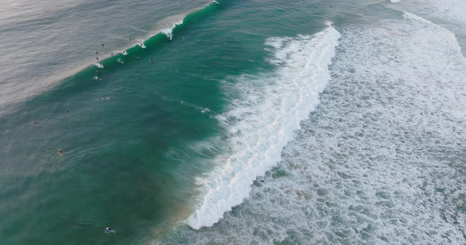 Aerial view of surfers catching waves