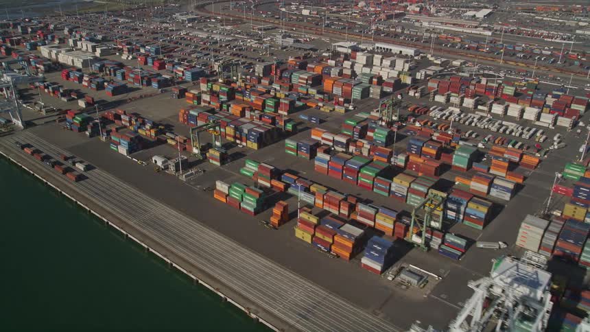 A large coastal area covered with shipping containers