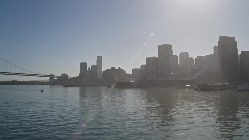 Aerial panorama of a metropolis with skyscraper by the sea