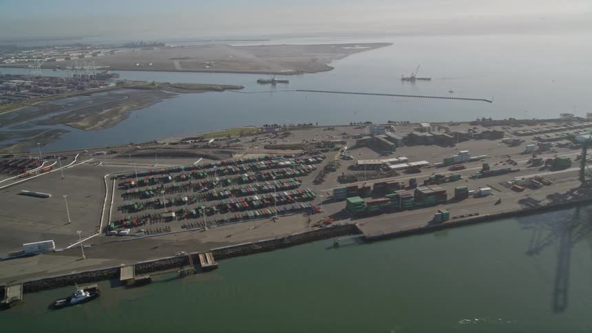 Aerial panorama of a seaside logistics distribution center port