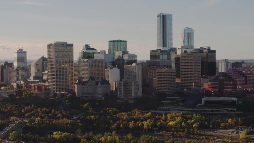 An aerial view of a metropolitan area with several tall buildings in front of many trees
